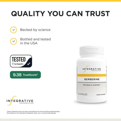 Integrative Therapeutics® Berberine - 1000–1500 mg Daily - Berberine HCL Supplement for Metabolic Support* - Gluten-Free & Vegan Supplements for Men & Women - 60 Capsules